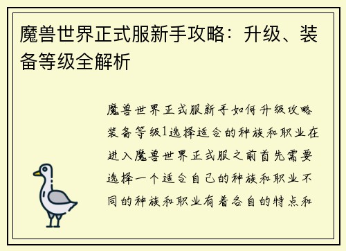 魔兽世界正式服新手攻略：升级、装备等级全解析